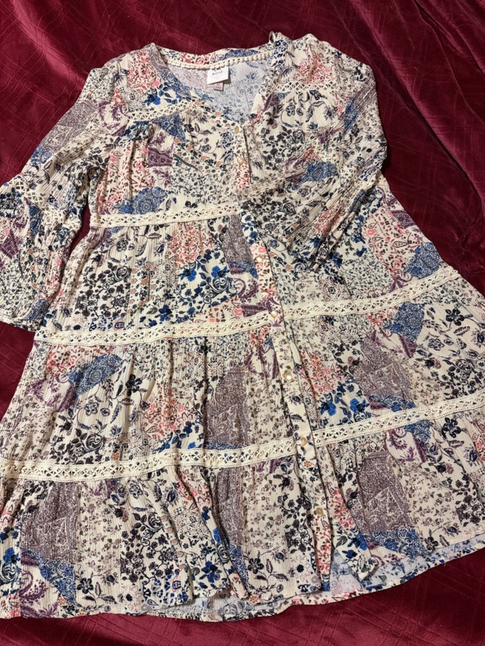Knox Rose Cream Floral Tiered Button-Front Dress with Blue & Pink Accents